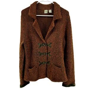 Anthropologie HWR Boucle Knit Cardigan Sweater Collared Button Marled Brown L